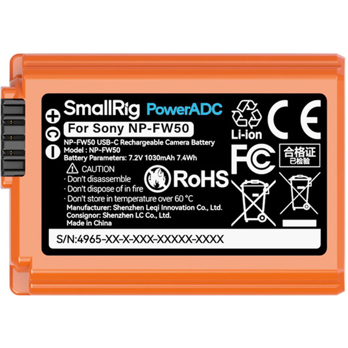 SmallRig 4965 NP FW50 USB C Rechargeable Camera Battery (Orange)