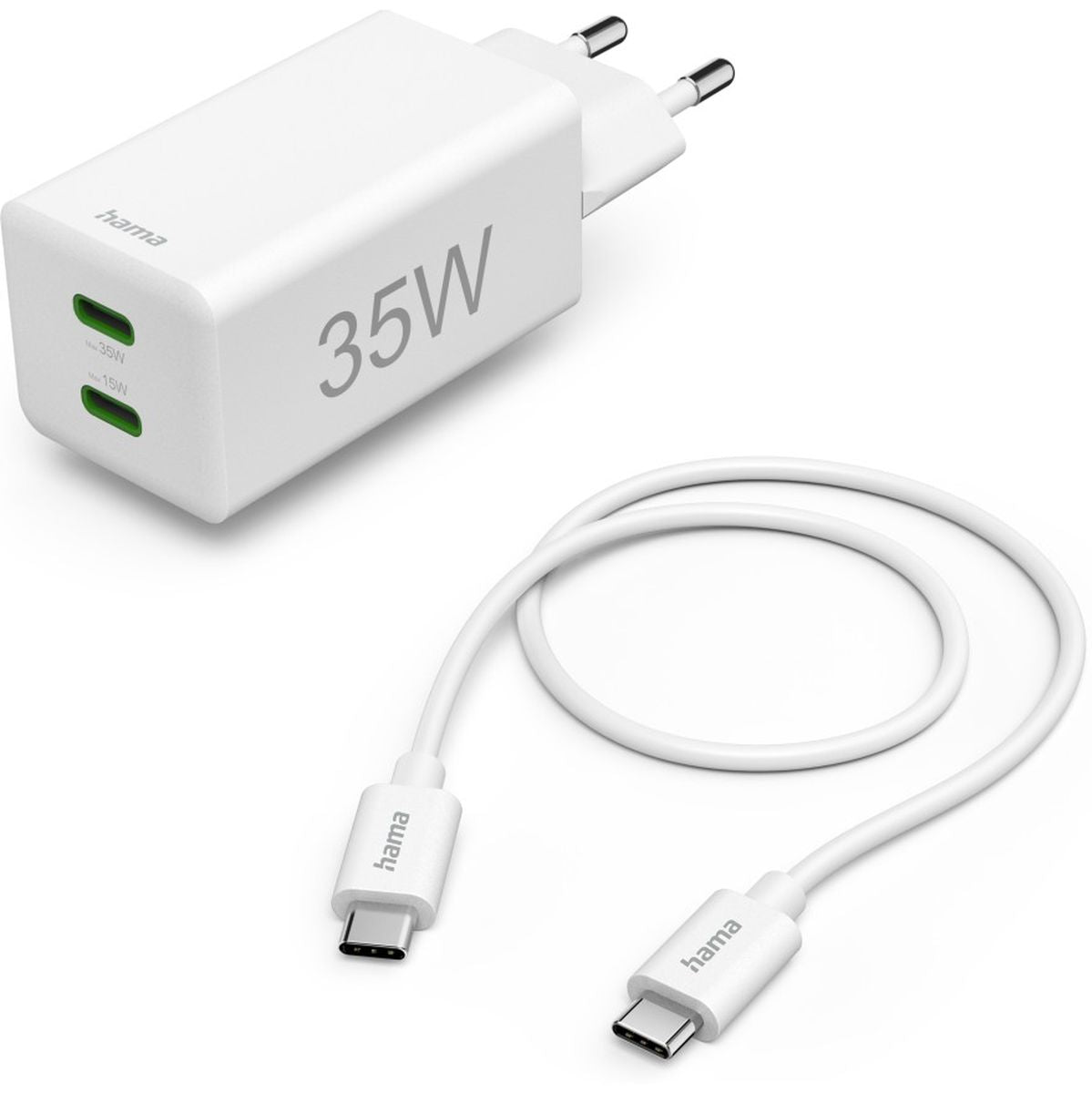 Hama Fast Charger + USB-C Cable 2X USB-C PD/QC Mini-Charger 35W 1 M White