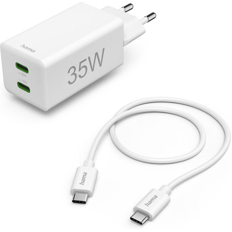 Hama Fast Charger + USB-C Cable 2X USB-C PD/QC Mini-Charger 35W 1 M White