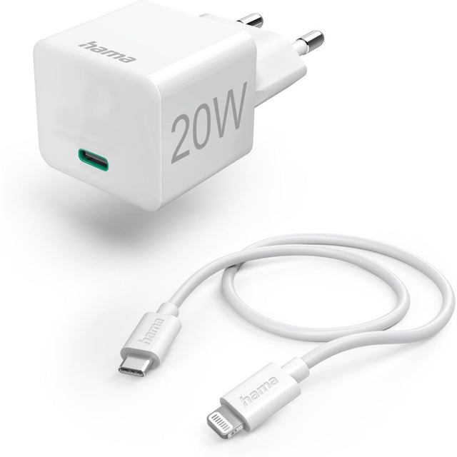 Hama Fast Charger w/ Charging Cable Lightning Mini-Charger PD 20W 1m White