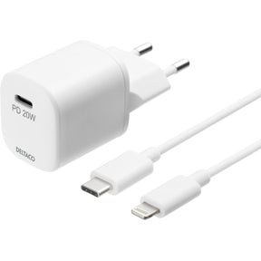 Deltaco USB-C PD Wallcharger w/ Apple Cable - Fast Charger w/ 1 X USB-C PD 20W