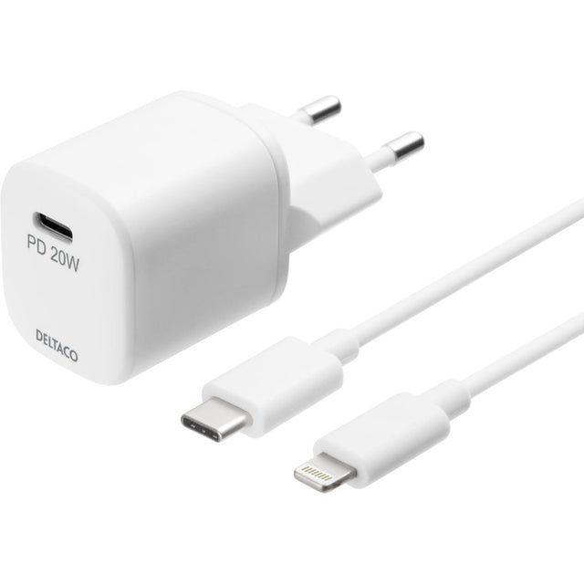 Deltaco USB-C PD Wallcharger w/ Apple Cable - Fast Charger w/ 1 X USB-C PD 20W