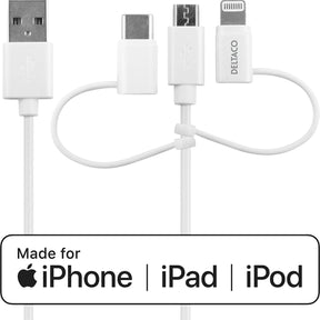 Deltaco USB-C/Micro USB/Lightning To USB-A Cable 1m Apple C189 Chipset FSC-White