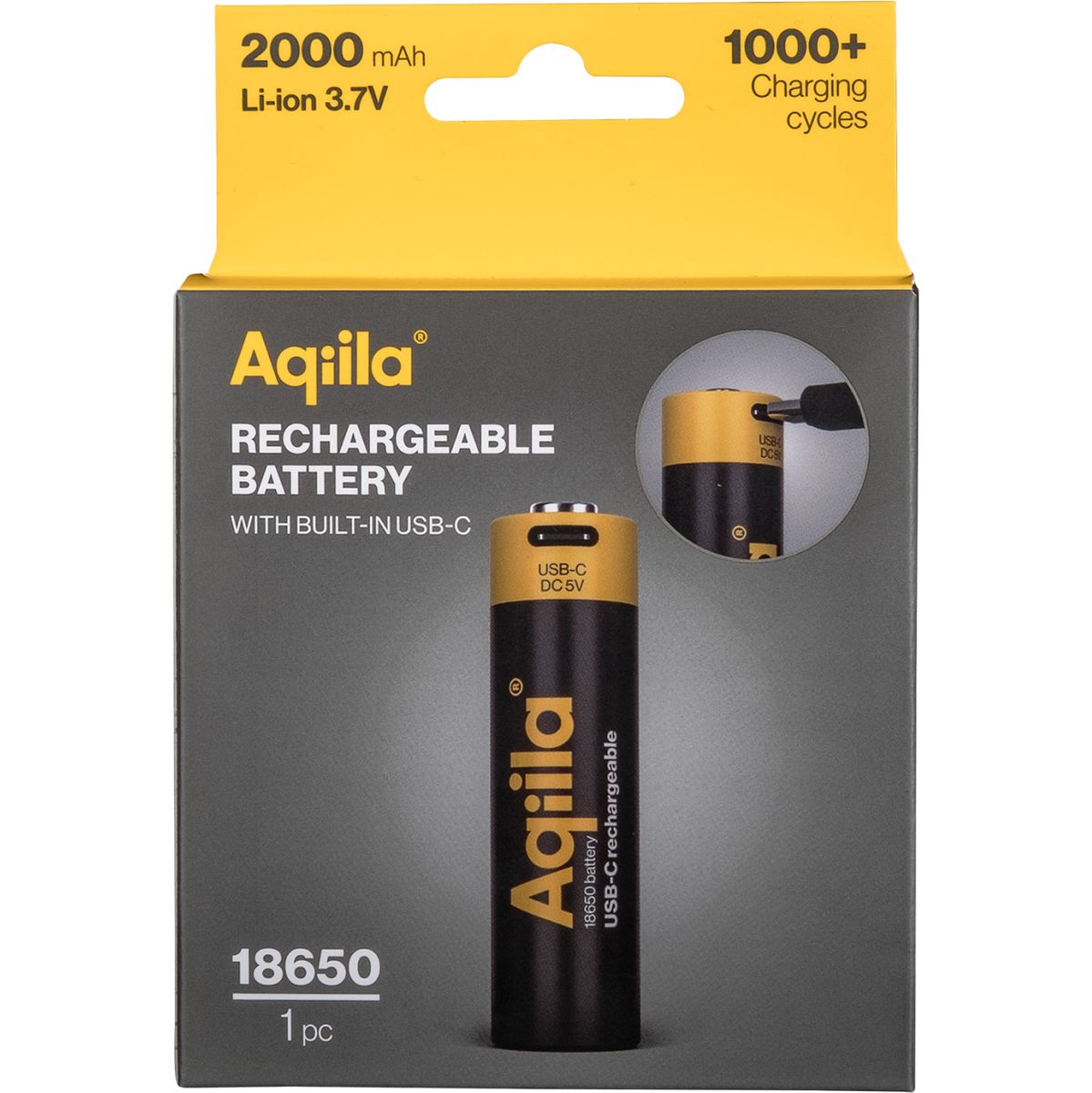 Aqiila Rechargable 18650 Battery USB-C Lithium 3.7V/2000mAh - image 3 of 5