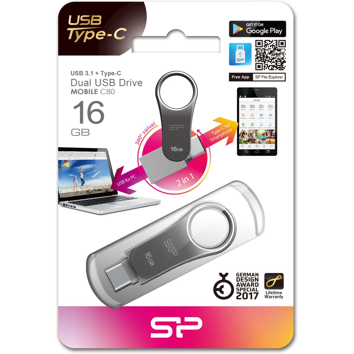 Silicon Power Mobile C80 16GB USB 3.0 + USB Type-C (Silver) - image 5 of 5
