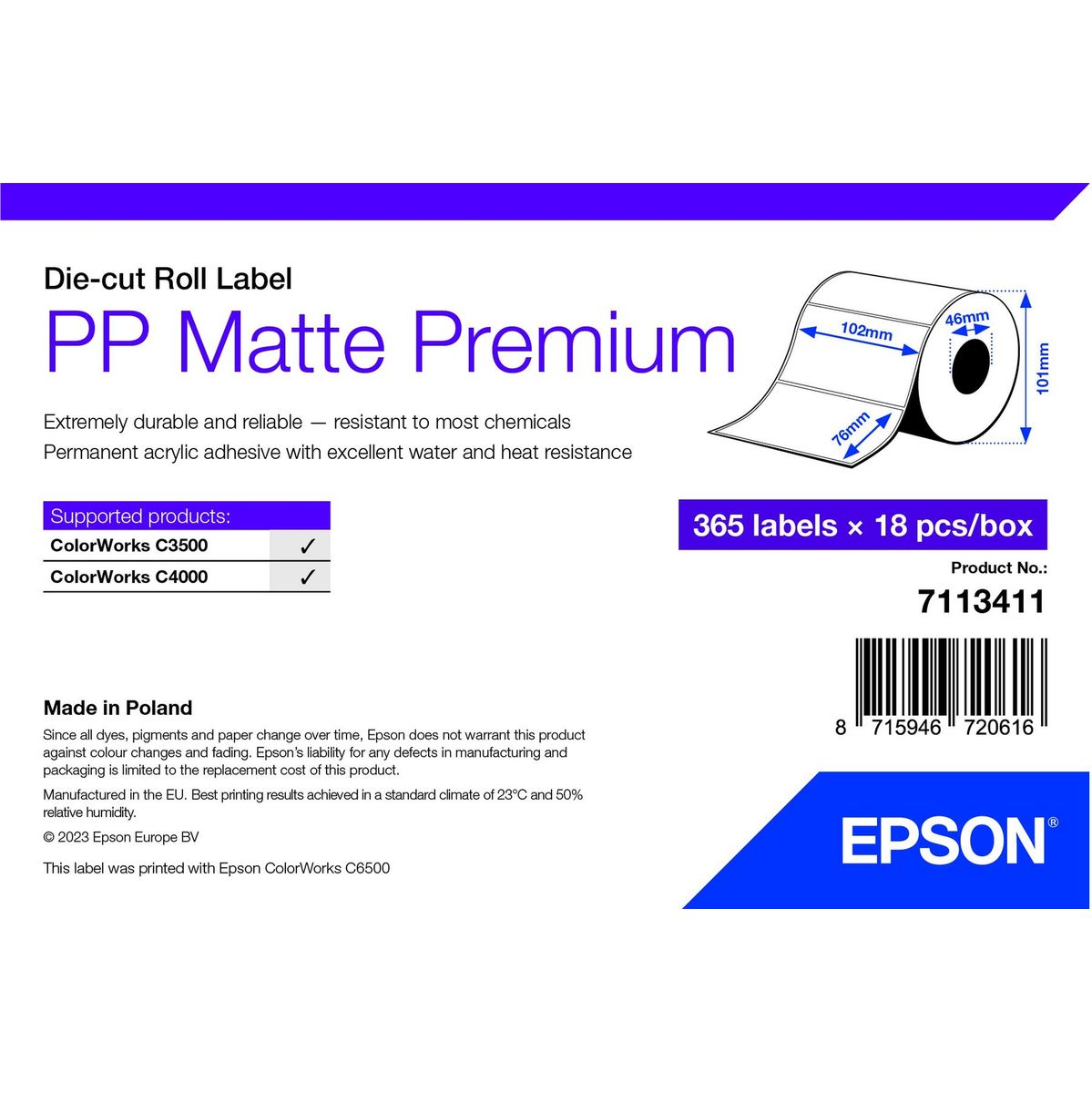 Epson PP Matte Label Prem Die-Cut Roll 102X76m