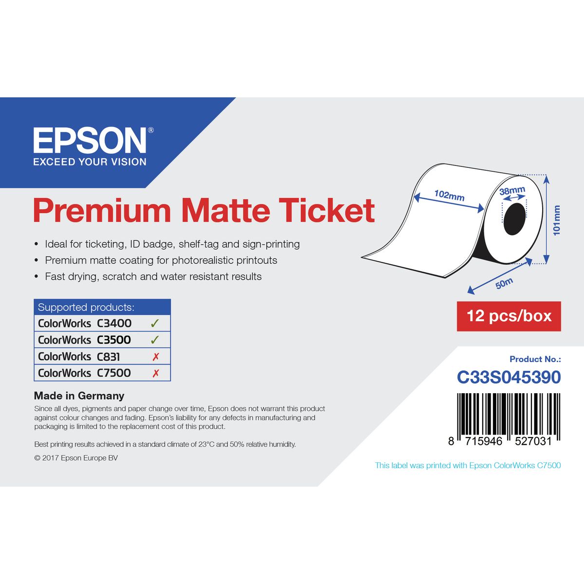 Epson Matte Ticket - Roll 102mm X 50m
