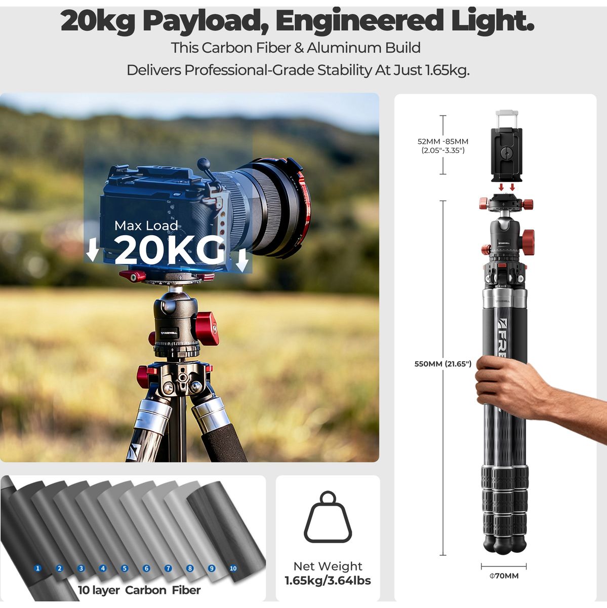 Freewell Carbon Fiber Tripod For Cameras Smartphones - image 4 of 5