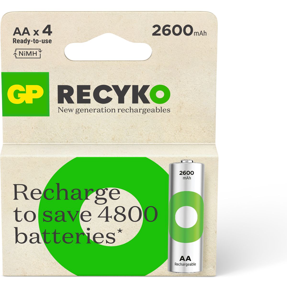 GP AA Battery Rechargeable NiMH 2600 mAh ReCyko 1.2V 4 PCs