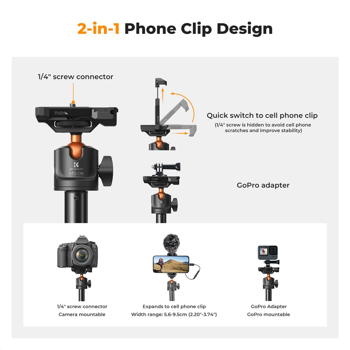 K&F Concept Selfie Stick Tripod 153cm w/ Phone Holder - image 2 of 5