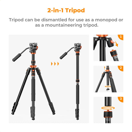 K&F Concept Tripod K234A7 200cm w/ FH-03 Videohead - image 2 of 5