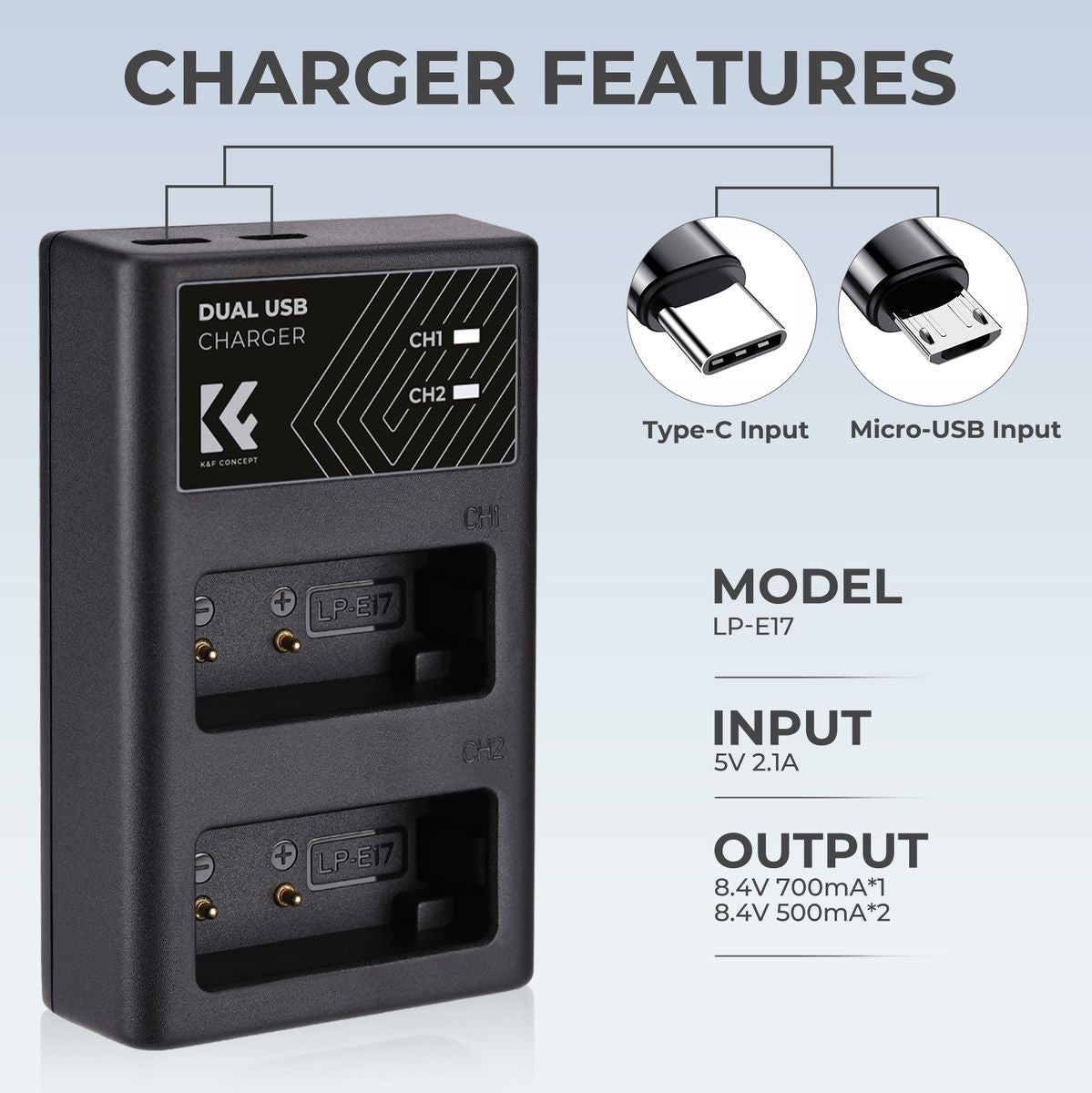K&F Concept Dual Battery-Charger For LP-E17 w/ USB-C - image 3 of 5