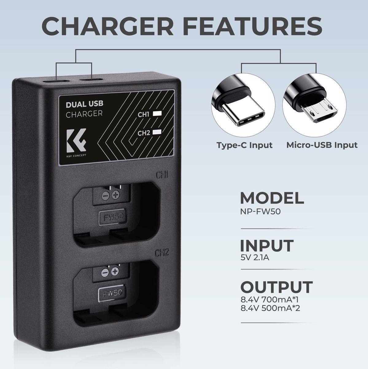 K&F Concept Dual Battery-Charger For NP-FW50 w/ USB-C - image 4 of 5