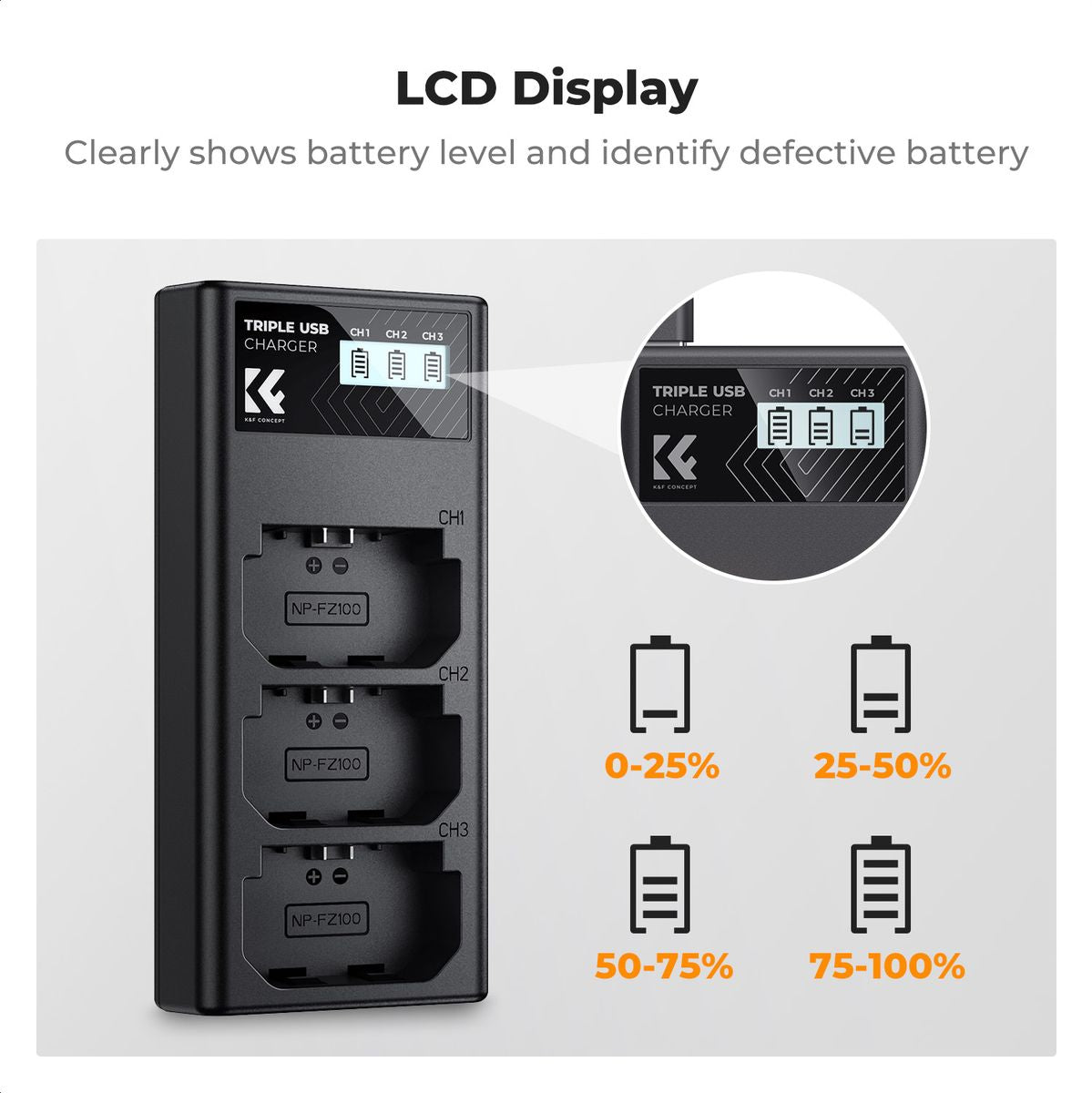K&F Concept NP-FZ100 Triple Battery-Charger USB-C Display - image 3 of 5