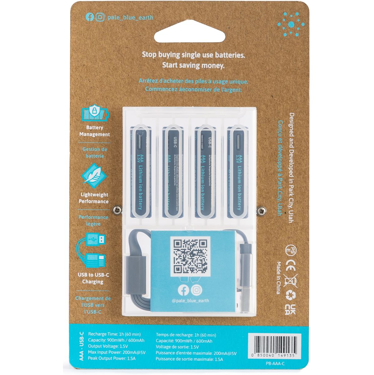 Pale Blue Li-ion Rechargeabl AAA Battery USB-C 600mAh - image 3 of 5