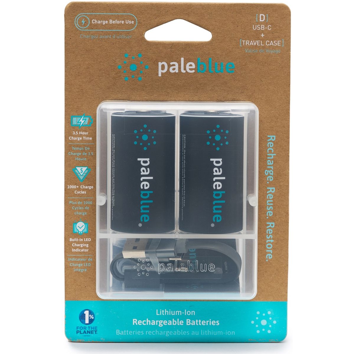 Pale Blue Li-ion Rechargeable D Battery 2 Pack Of Dcells w/ 2x1 USB-C Cable - image 4 of 5