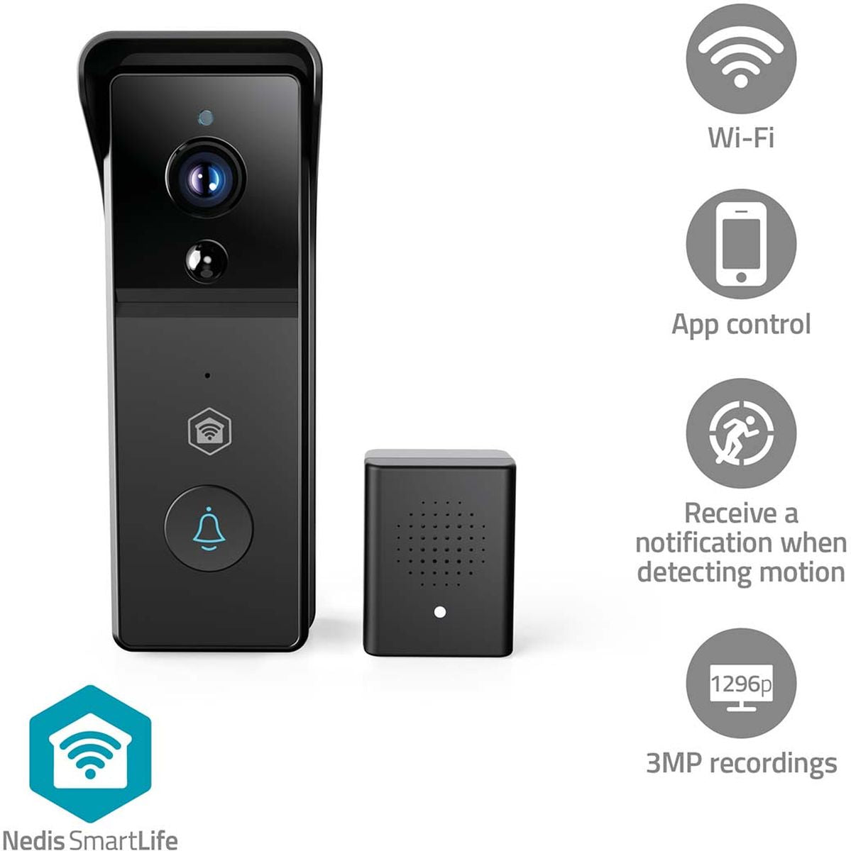 Nedis Smartlife Videodeurbel | 3MP Full HD 1296p | IP44 | Black